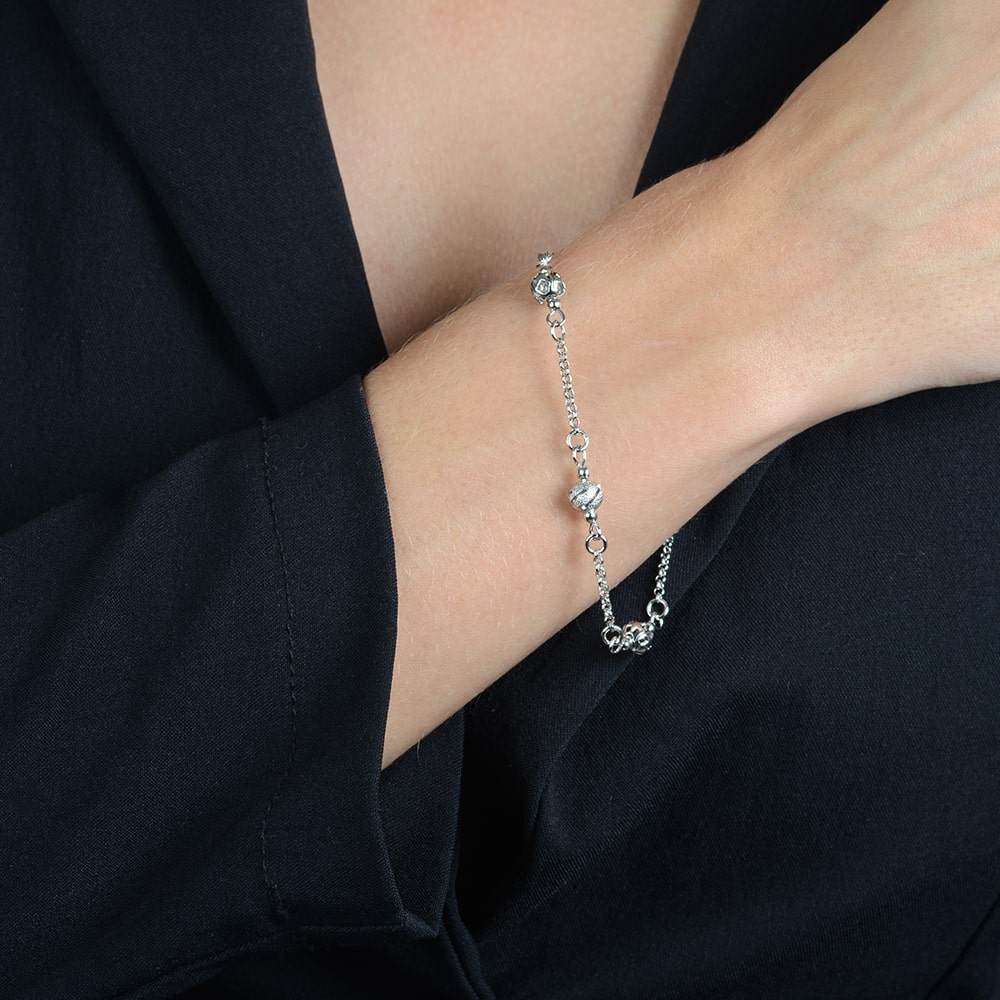 Pulseira Prateada Elo Português com Esferas - Galeria